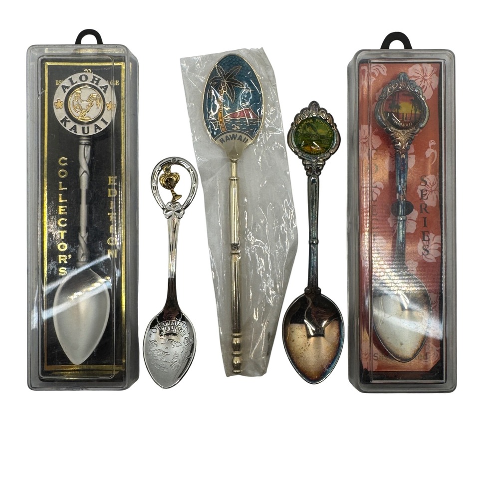 Vtg Hawaii Souvenir Spoon Lot 5 Boxed Enamel‎ Aloha Kauai Maui Keanae Peninsula